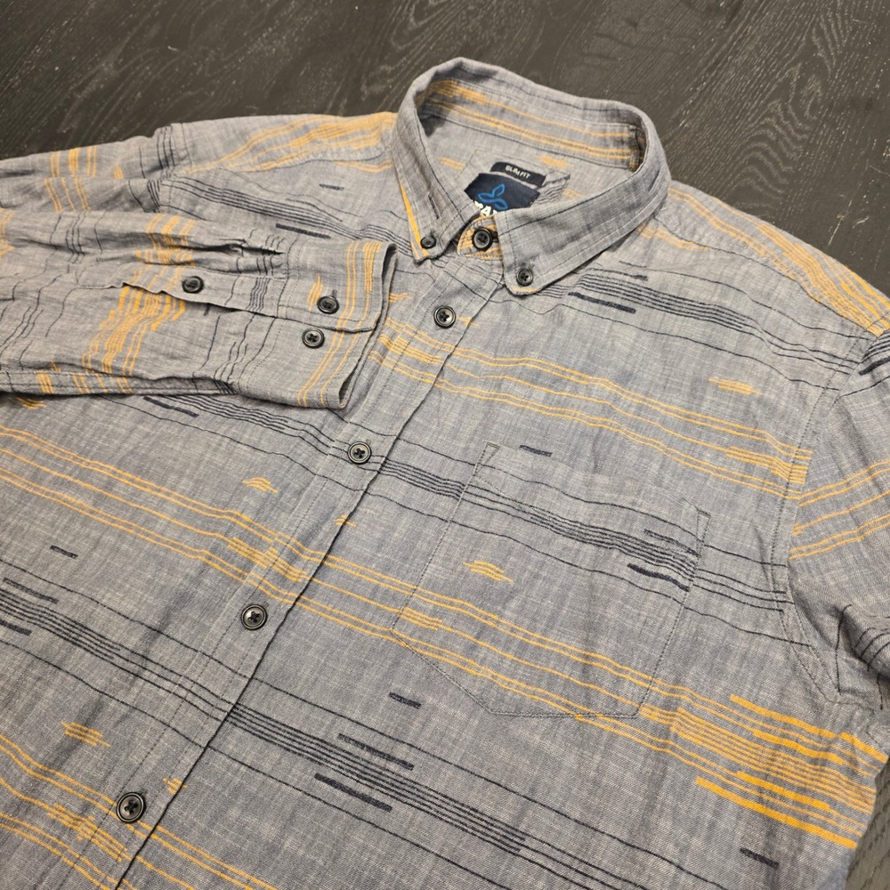 Prana Mens Slim‎ Fit Organic Cotton Button Down Shirt Grey Yellow Stripe Large